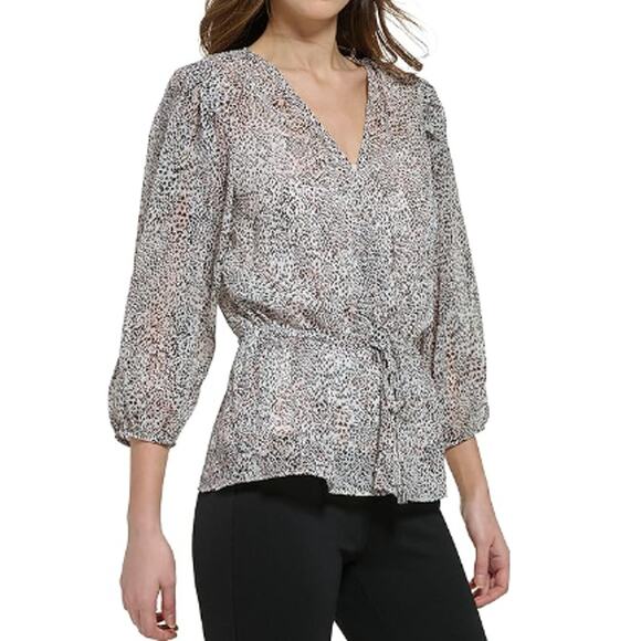 New ~ DKNY ~Women's Animal Print Flattering Tie Waist Blouse Size XS - Picture 1 of 9